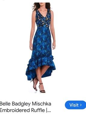Badgley Mischka Blue Floral Embroidered High-Low Ruffle Dress